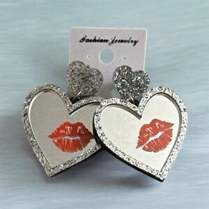 Fashion Jewelry Silver Heart Earrings with Red Kiss Accent